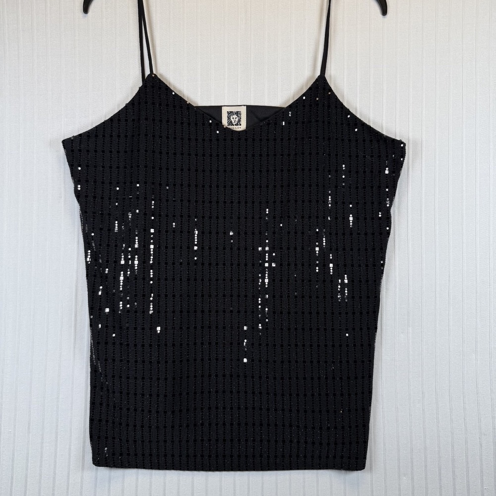 Anne Klein Top Women Black Medium Cami‎ Metallic Sequin Lined Glitzy Cocktail
